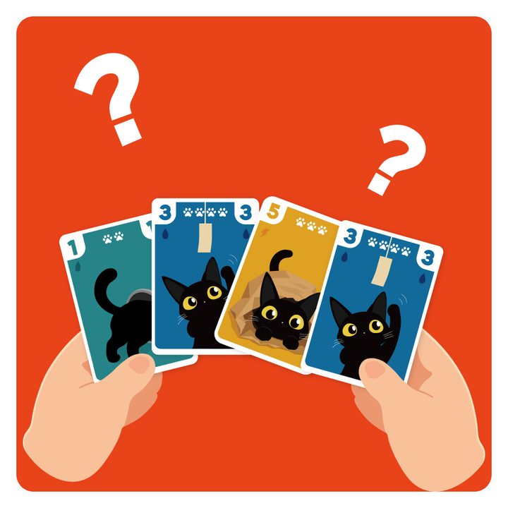 猫のカードを4枚手に持ち、どれを出すか迷っているイラスト