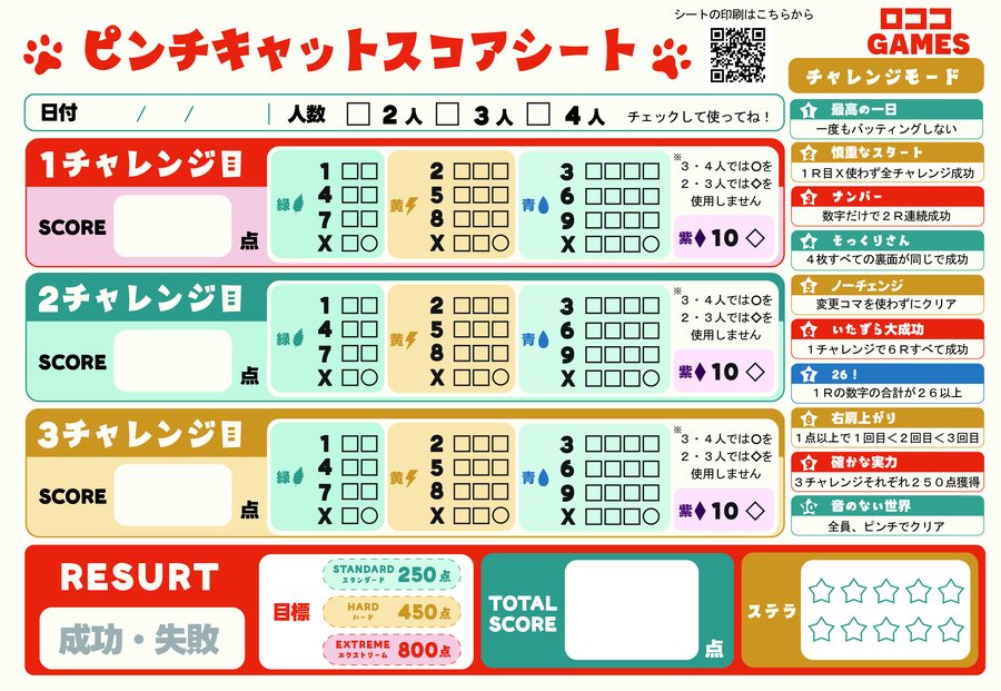ピンチキャット スコアシート。3チャレンジ分の得点欄、目標点、チャレンジモードの一覧